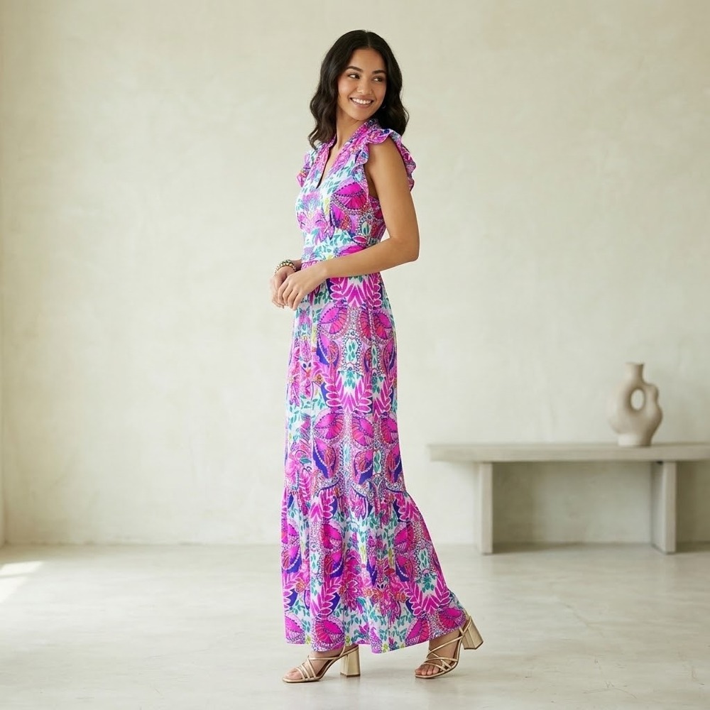 Lilly Pulitzer Adriann Flutter Sleeve Maxi Dress Floral Pink Purple Size M